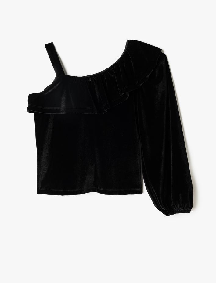 Kız Çocuk Kadife Bluz Tek Omuz Askılı Fırfır Detaylı