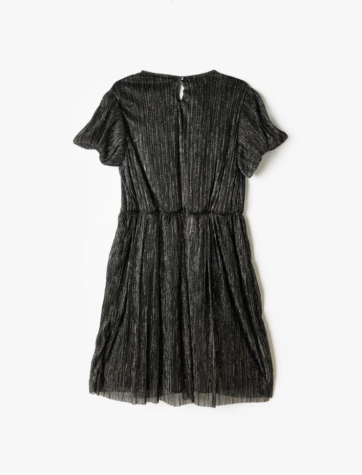 Kız Çocuk Elbise Tül Detaylı Yuvarlak Yaka Kısa Kollu Fiyonklu