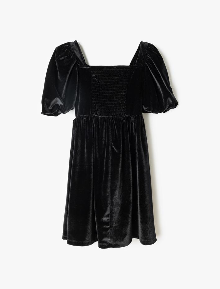 Kız Çocuk Kadife Elbise Çiçek Aplikeli Kare Yaka Balon Kollu