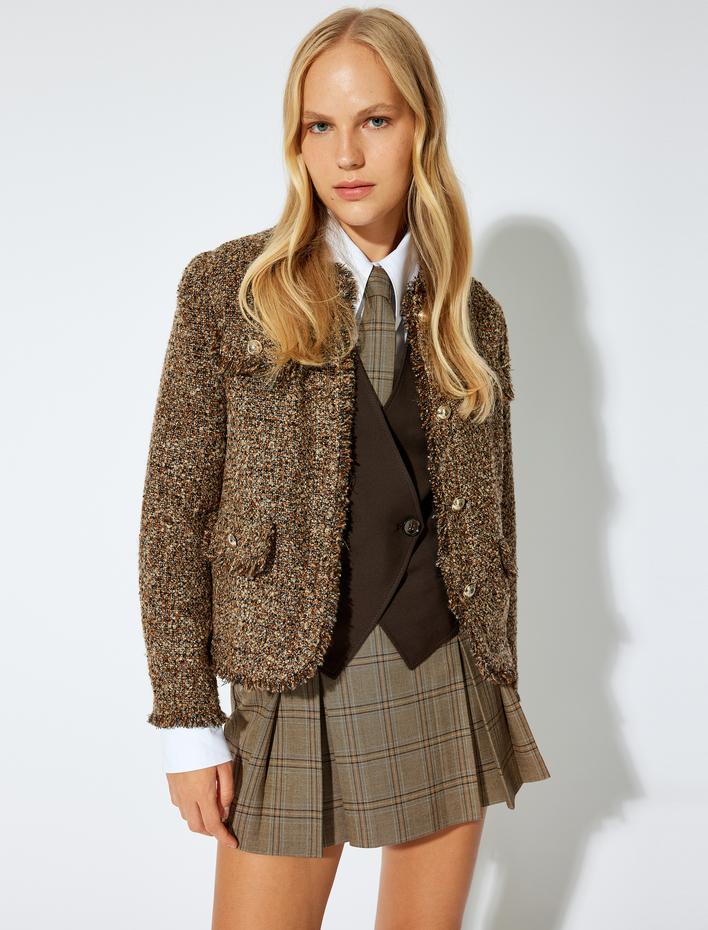  Püskül Detaylı Düğmeli Kapaklı Cep Detaylı Yakasız Tüvit Ceket