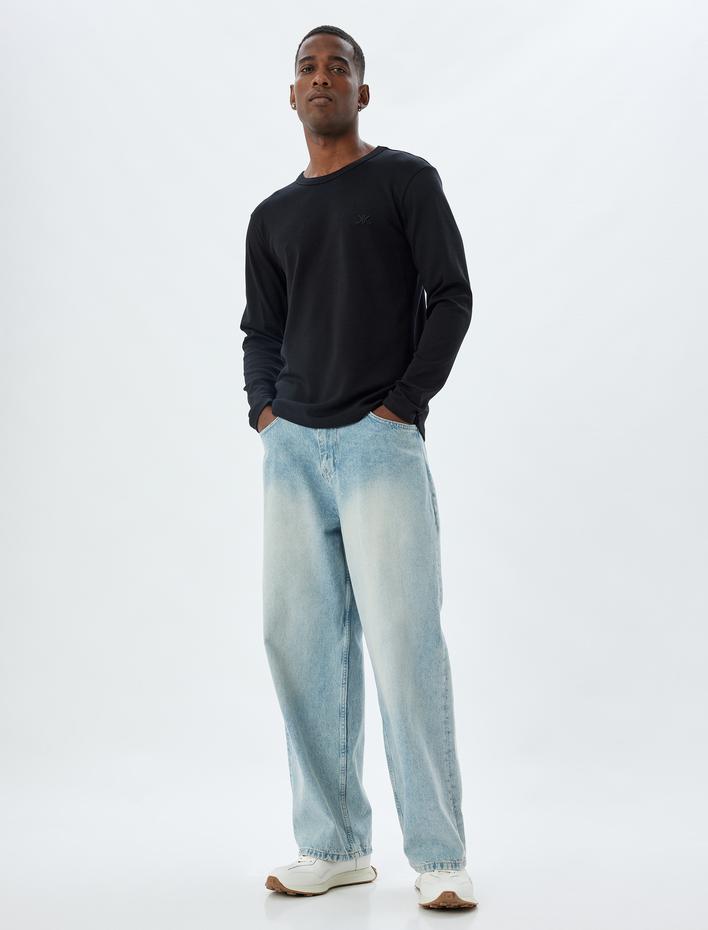  Uzun Kollu Tişört Harf İşlemeli Bisiklet Yaka Pamuklu