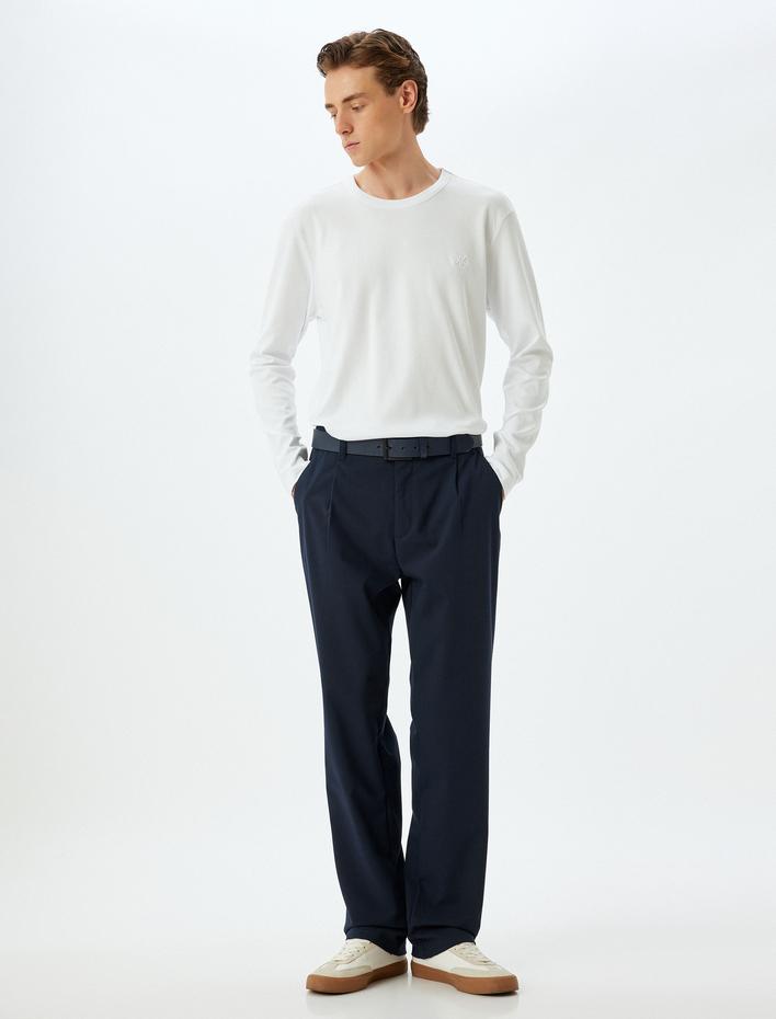  Uzun Kollu Tişört Harf İşlemeli Bisiklet Yaka Pamuklu