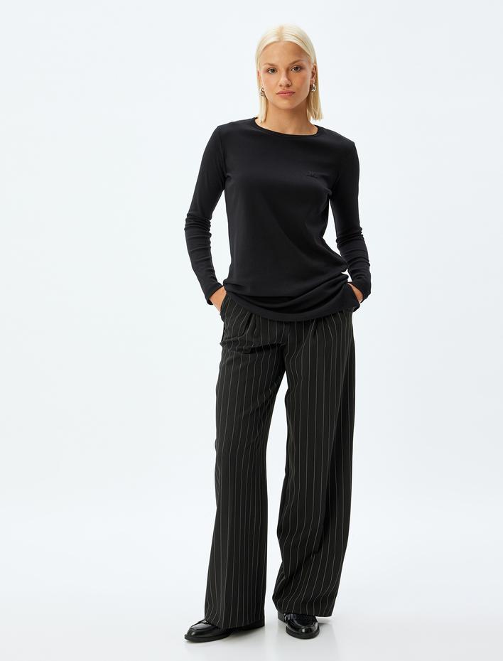  Uzun Kollu Tişört Nakış Detaylı Bisiklet Yaka Pamuklu