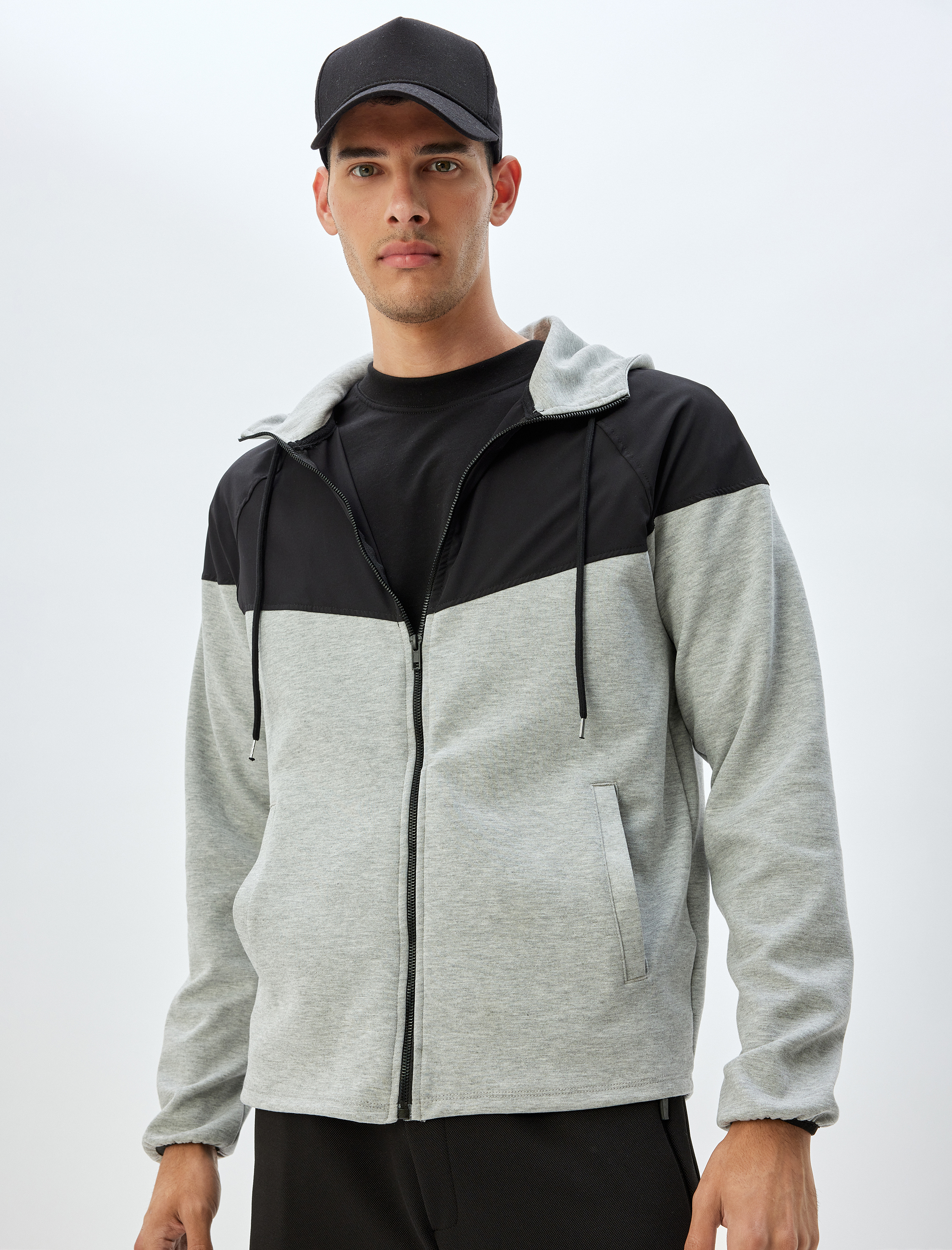   Spor Sweatshirt Oversize Kapşonlu Fermuarlı Scuba Kumaş Renk Kontrastlı Cep Detaylı Pamuk Karışımlı