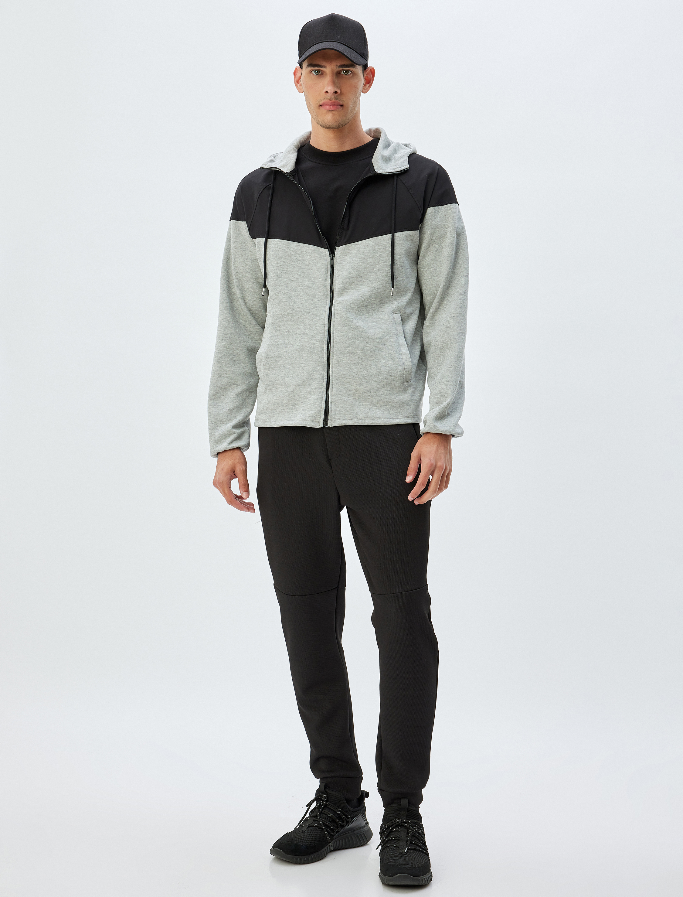   Spor Sweatshirt Oversize Kapşonlu Fermuarlı Scuba Kumaş Renk Kontrastlı Cep Detaylı Pamuk Karışımlı