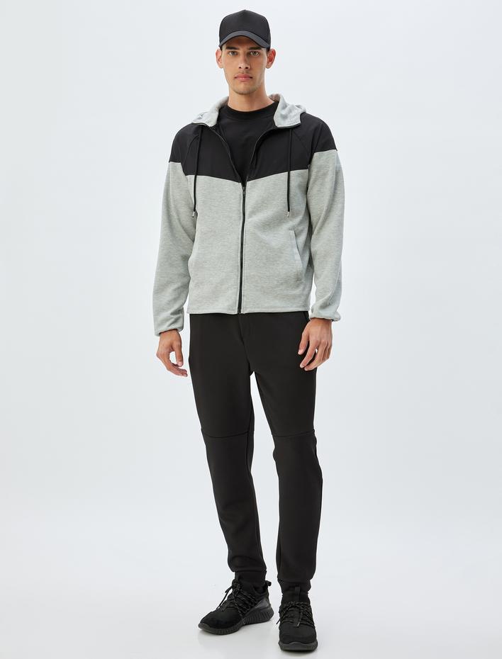  Spor Sweatshirt Oversize Kapşonlu Fermuarlı Scuba Kumaş Renk Kontrastlı Cep Detaylı Pamuk Karışımlı