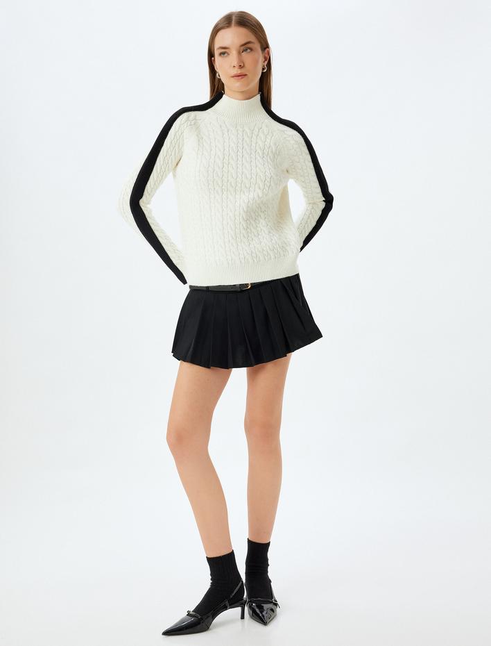  Renk Kontrastlı Dik Yaka Saç Örgü Kazak Uzun Kollu