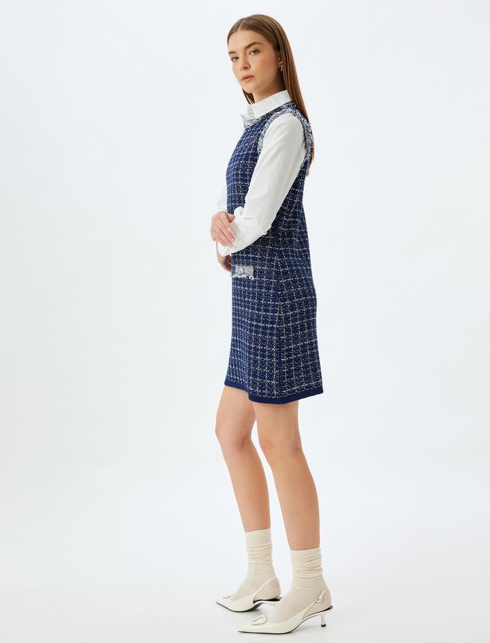  Tüvit Mini Jile Elbise Kolsuz Püskül Detaylı Aplike Detaylı