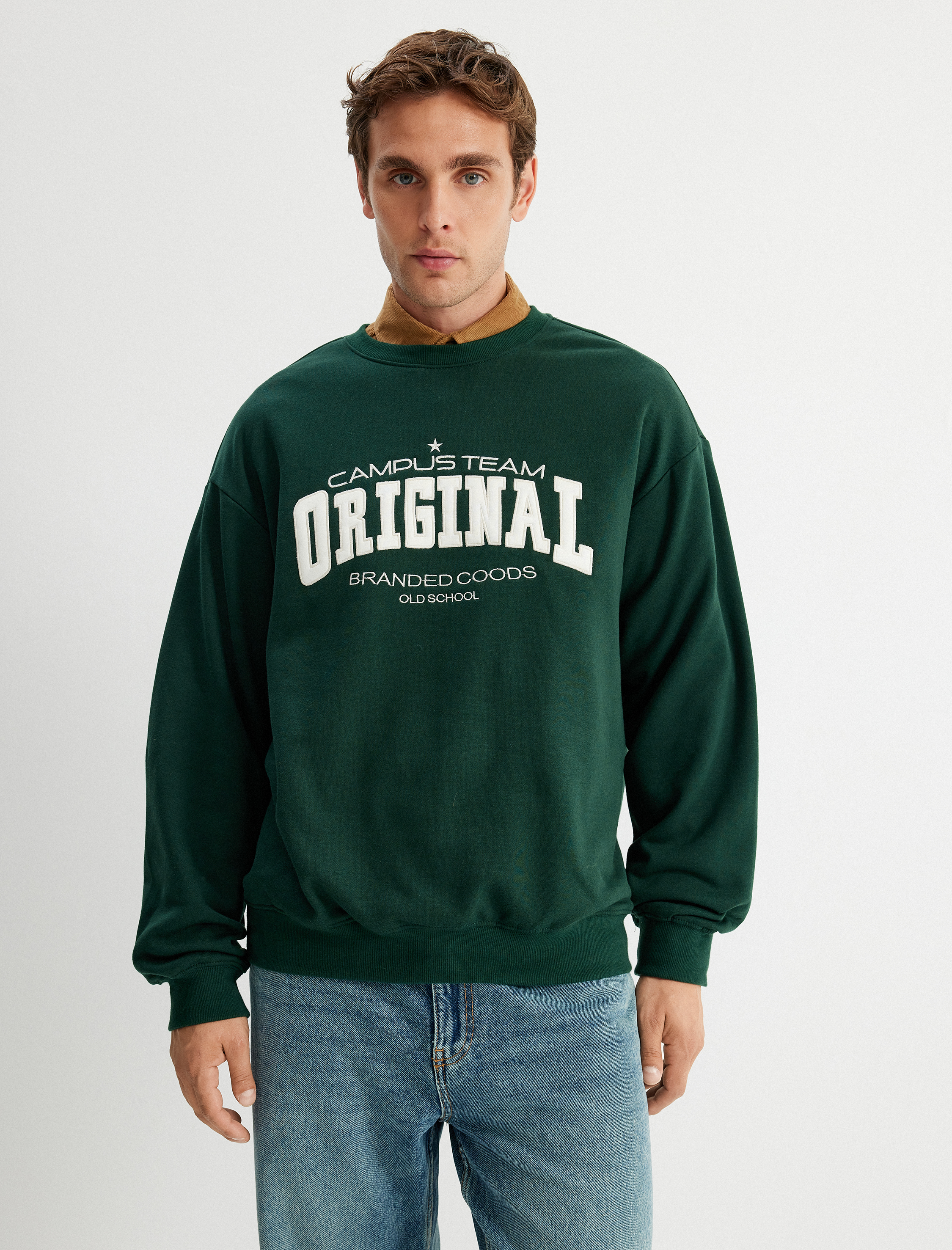   Kolej Baskılı Sweatshirt Bisiklet Yaka Uzun Kollu Şardonlu