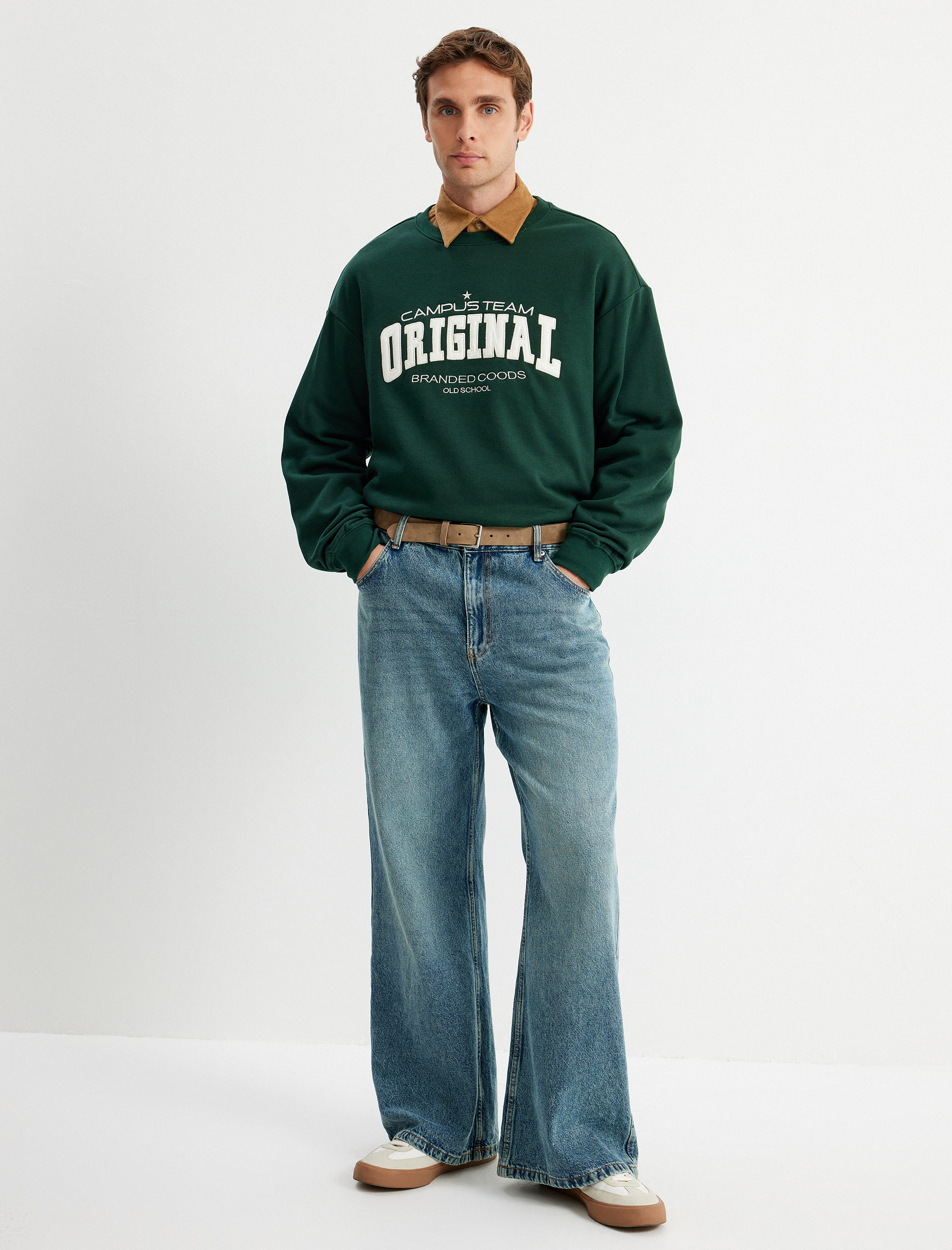   Kolej Baskılı Sweatshirt Bisiklet Yaka Uzun Kollu Şardonlu