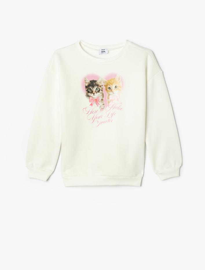 Kız Çocuk Sweatshirt Kedi Baskılı Uzun Kollu Bisiklet Yaka Şardonlu