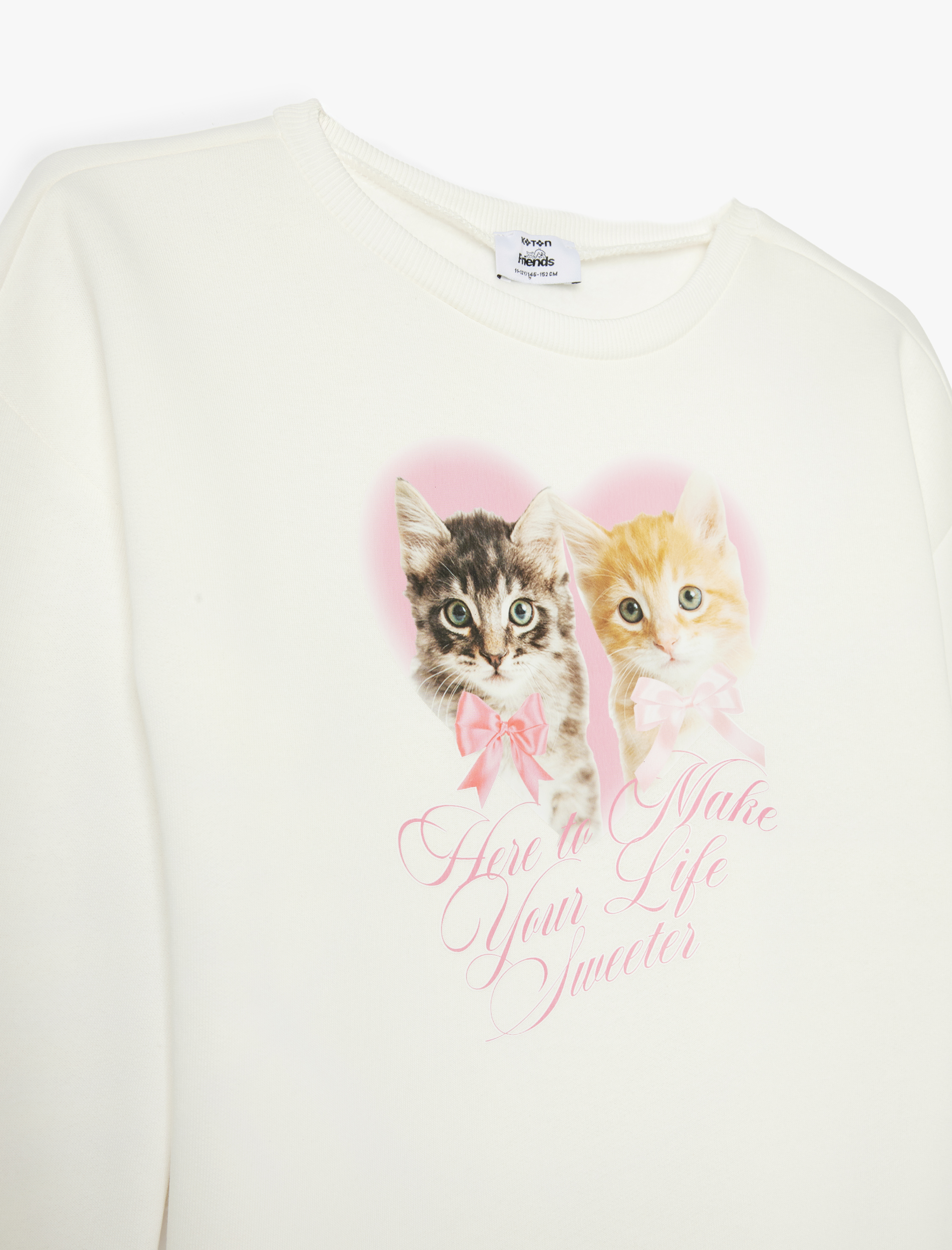Kız Çocuk Sweatshirt Kedi Baskılı Uzun Kollu Bisiklet Yaka Şardonlu