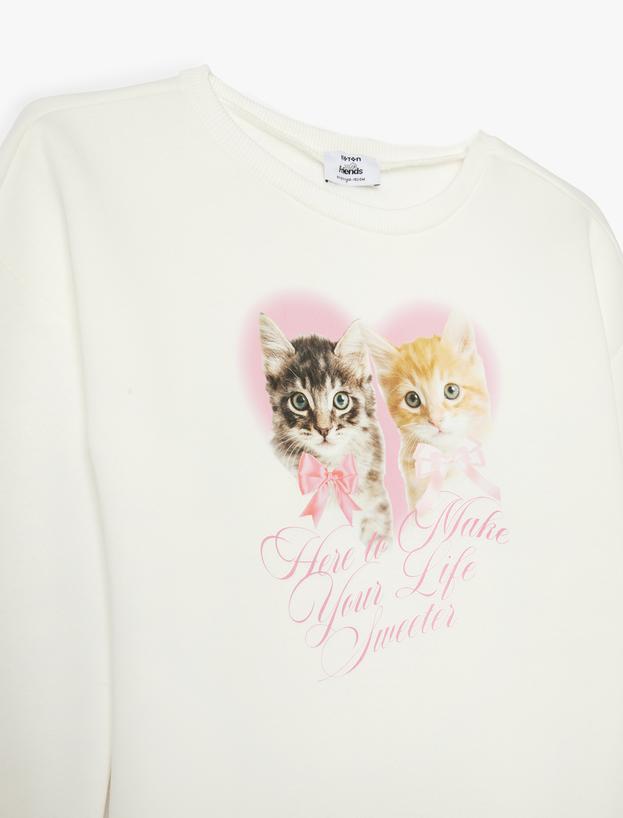 Sweatshirt Kedi Baskılı Uzun Kollu Bisiklet Yaka Şardonlu_2