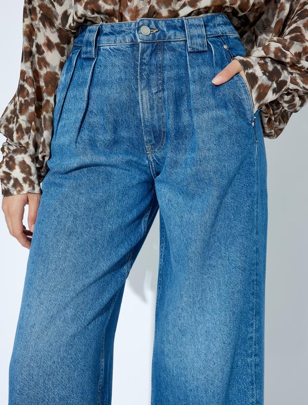 Koton X Sima Tarkan - Bol Kot Pantolon Geniş Paça Pileli Düğmeli - Loose Fit Jean_4