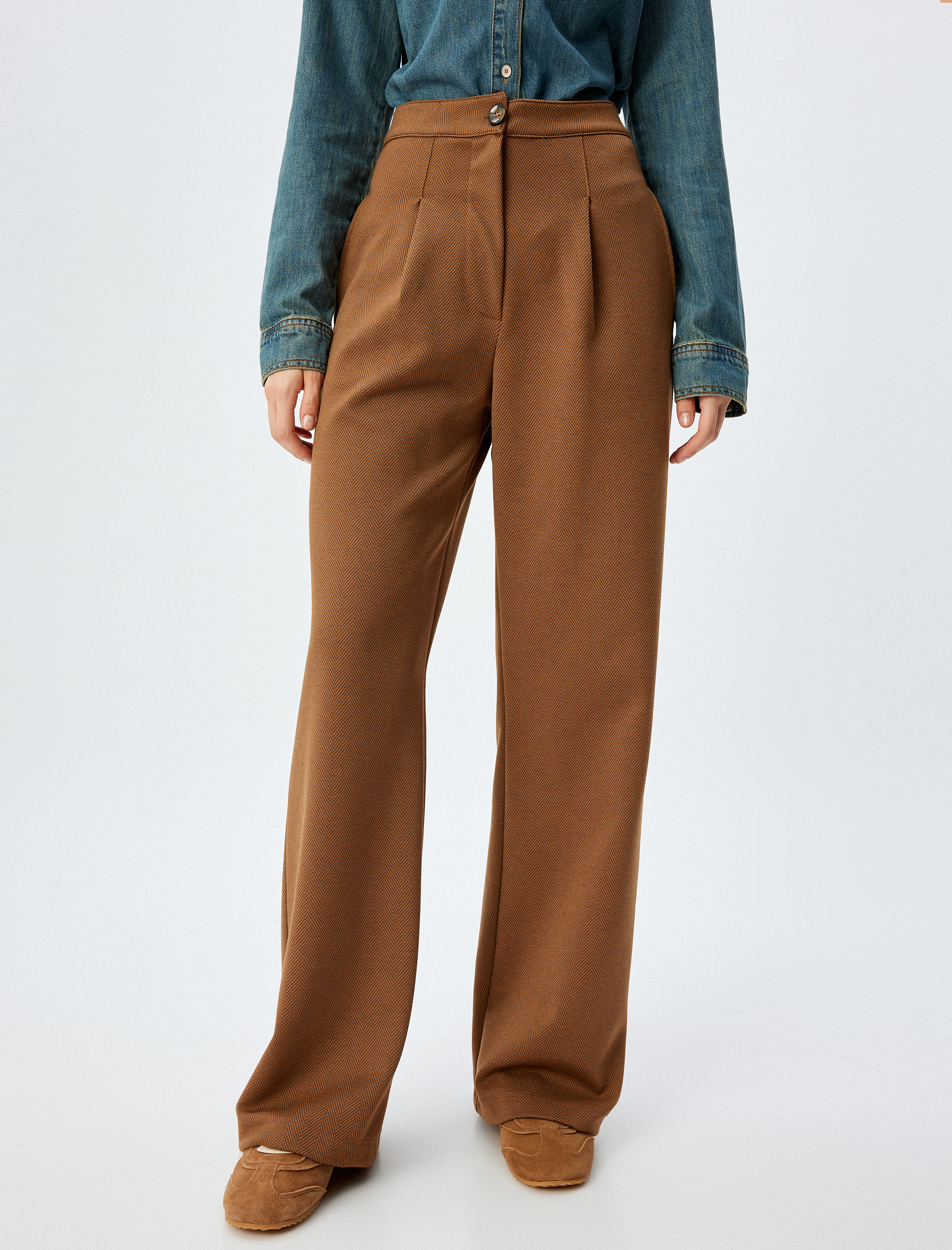   Geniş Paça Pantolon Pileli Yüksek Bel Düğmeli Rahat Kalıp