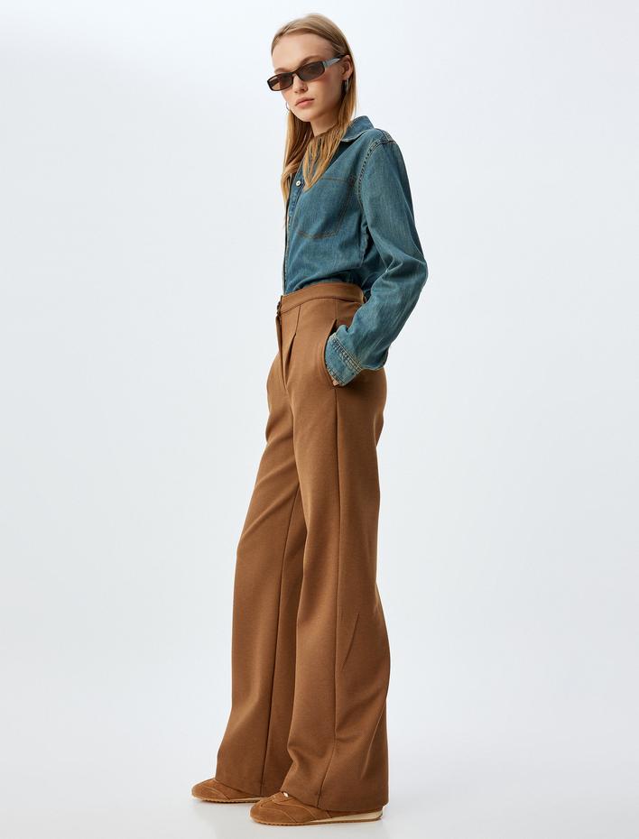  Geniş Paça Pantolon Pileli Yüksek Bel Düğmeli Rahat Kalıp