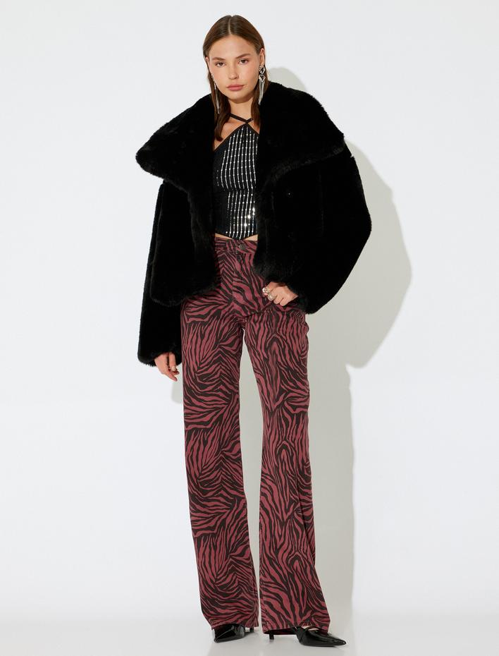  Koton X İnji - Leopar Pantolon Normal Bel Düz Uzun Paça Düğmeli - Longer Straight Fit Jean