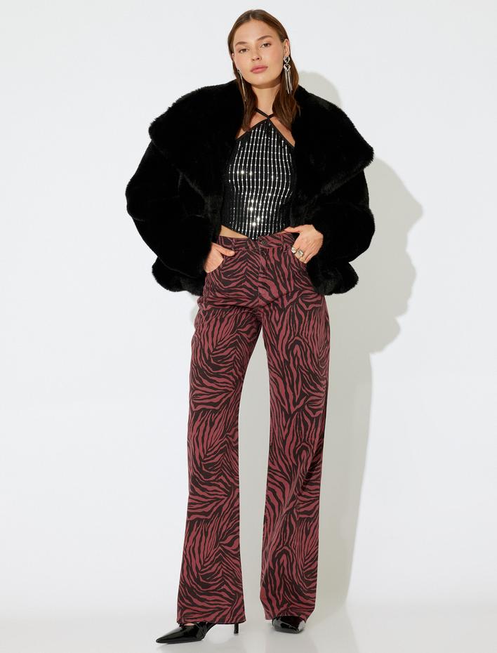  Koton X İnji - Leopar Pantolon Normal Bel Düz Uzun Paça Düğmeli - Longer Straight Fit Jean