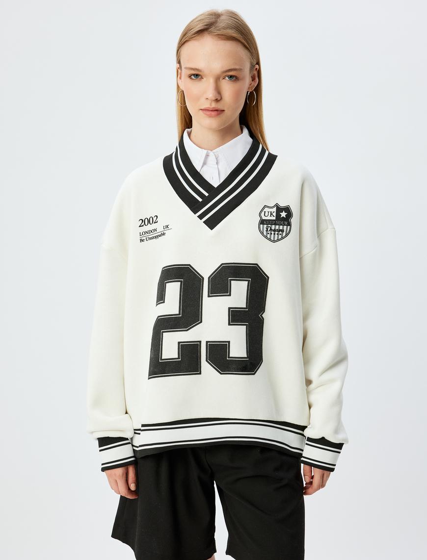   Oversize Sweatshirt V Yaka Biyeli Kolej Baskılı