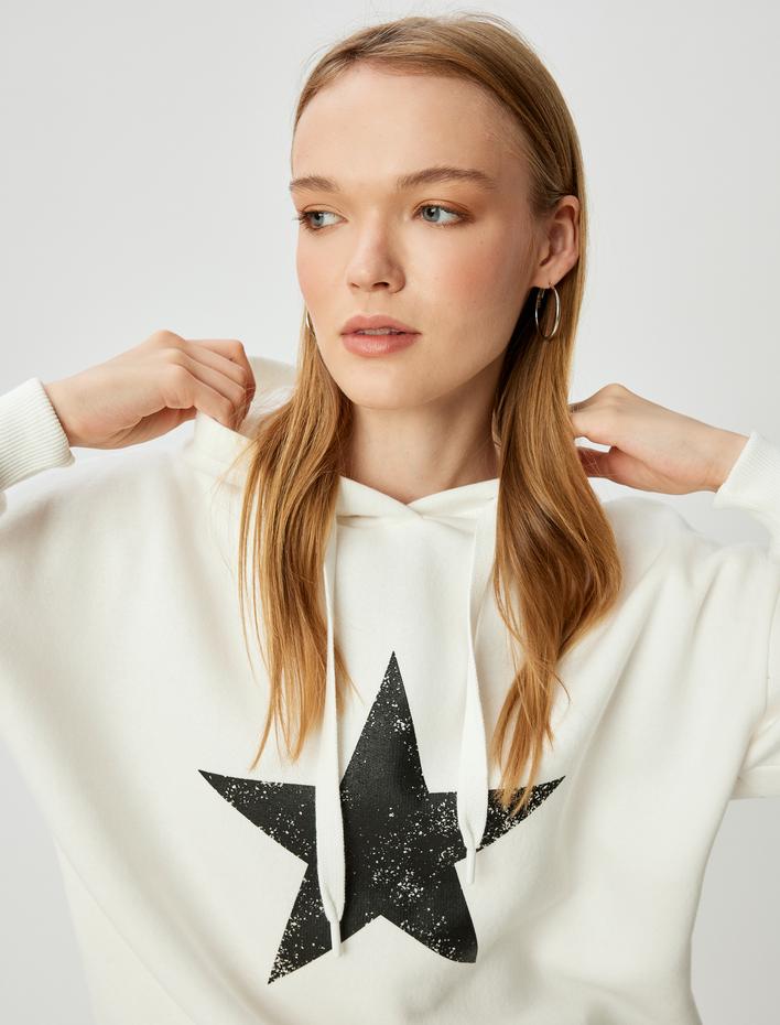  Şardonlu Arkası Baskılı Oversize Sweatshirt Kapüşonlu Uzun Kollu