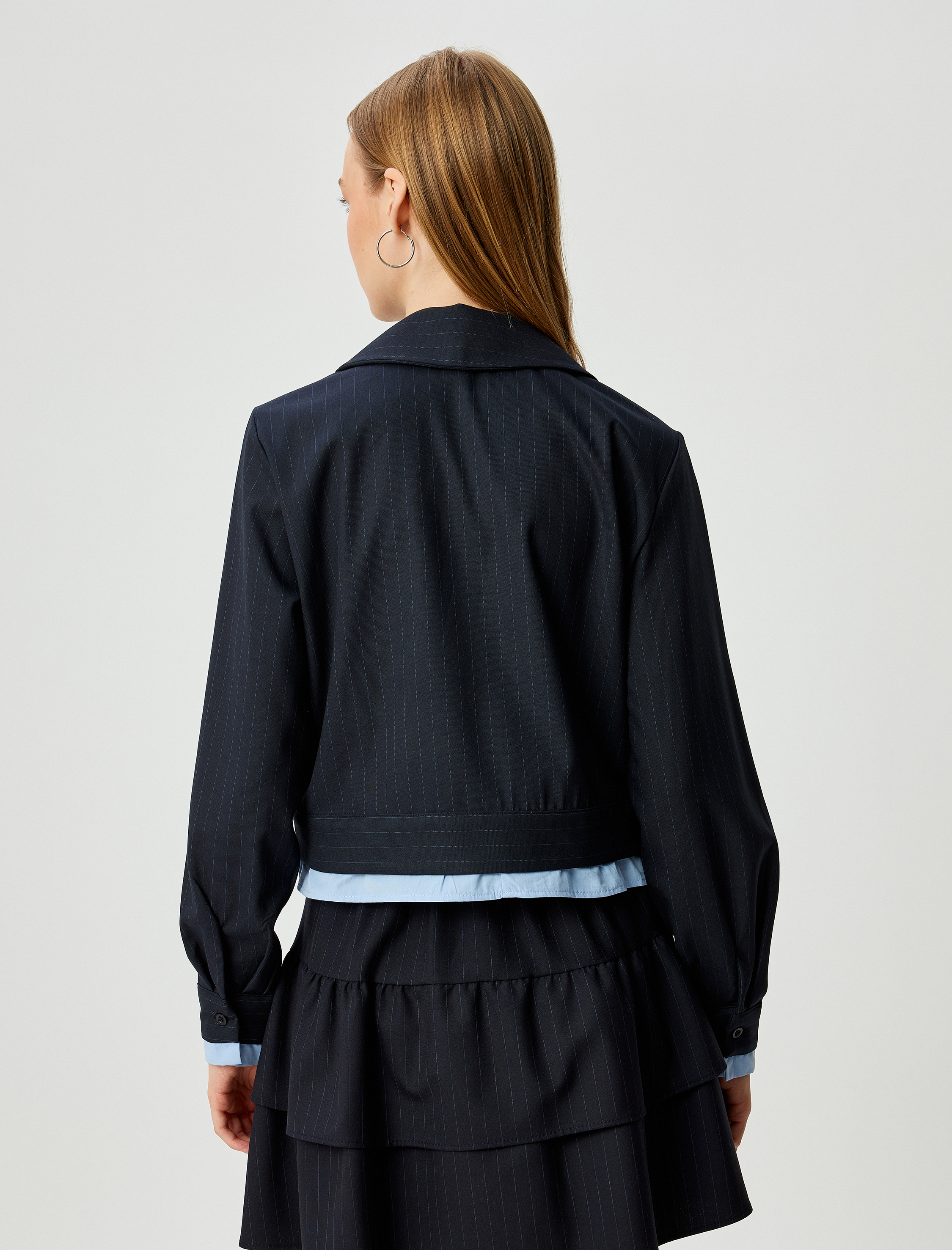   Uzun Kollu Crop Gömlek Klasik Yaka Cep Detaylı Renk Bloklu