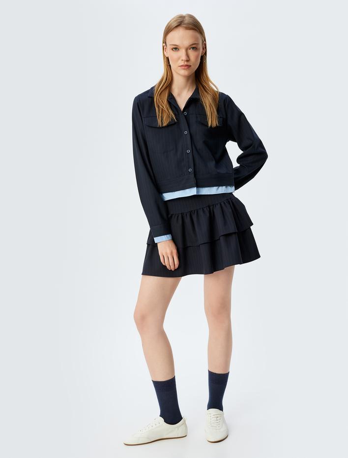  Uzun Kollu Crop Gömlek Klasik Yaka Cep Detaylı Renk Bloklu