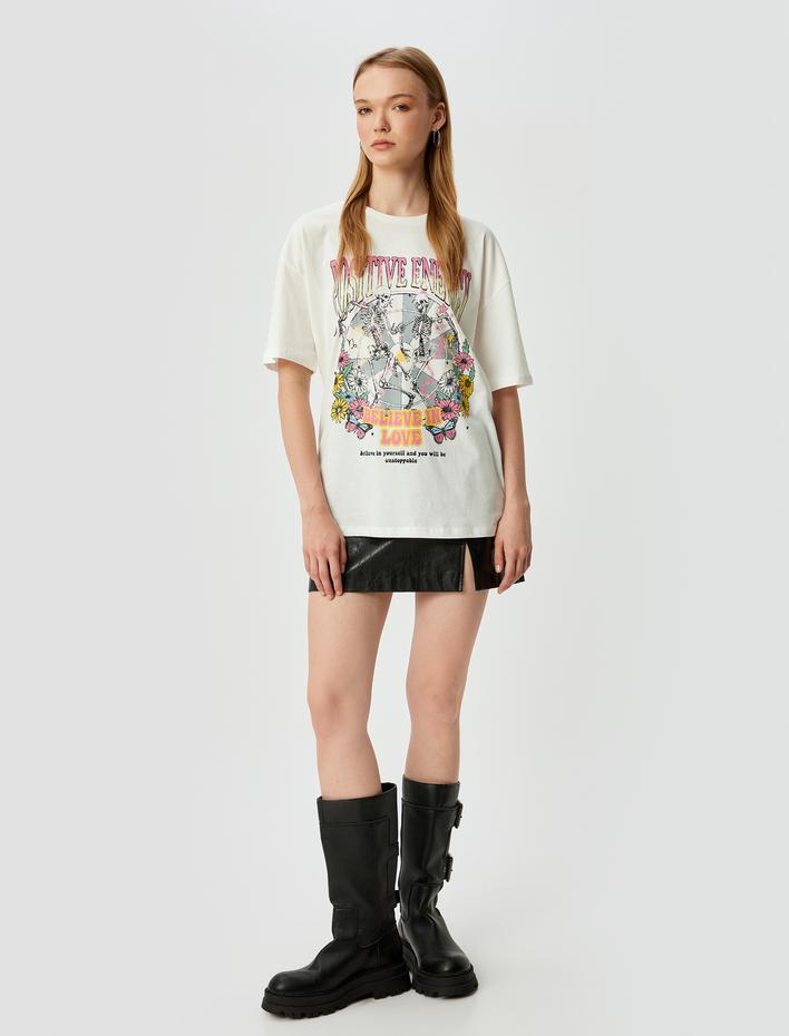  Oversize Tişört Baskılı Bisiklet Yaka Kısa Kollu Pamuklu