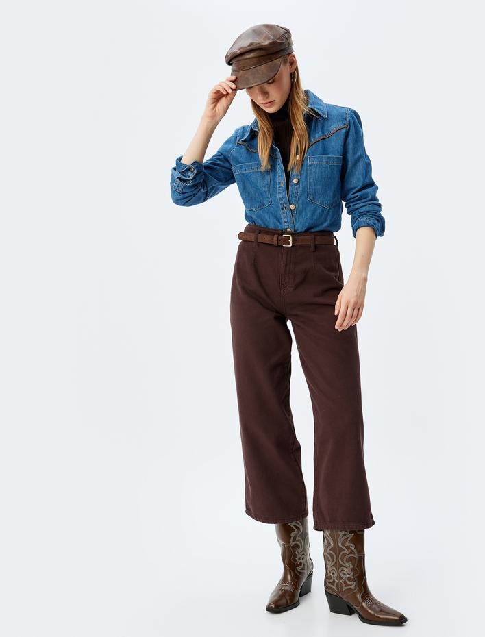  Geniş Kısa Paça Pantolon Yüksek Bel Düğmeli - Wide Leg Jean