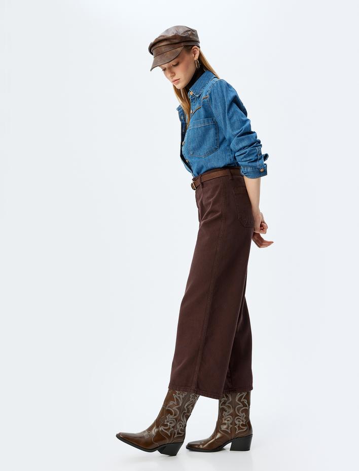  Geniş Kısa Paça Pantolon Yüksek Bel Düğmeli - Wide Leg Jean