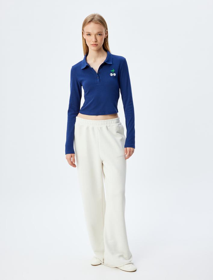  Polo Yaka Tişört Crop Uzun Kollu Düğmeli Kiraz İşlemeli