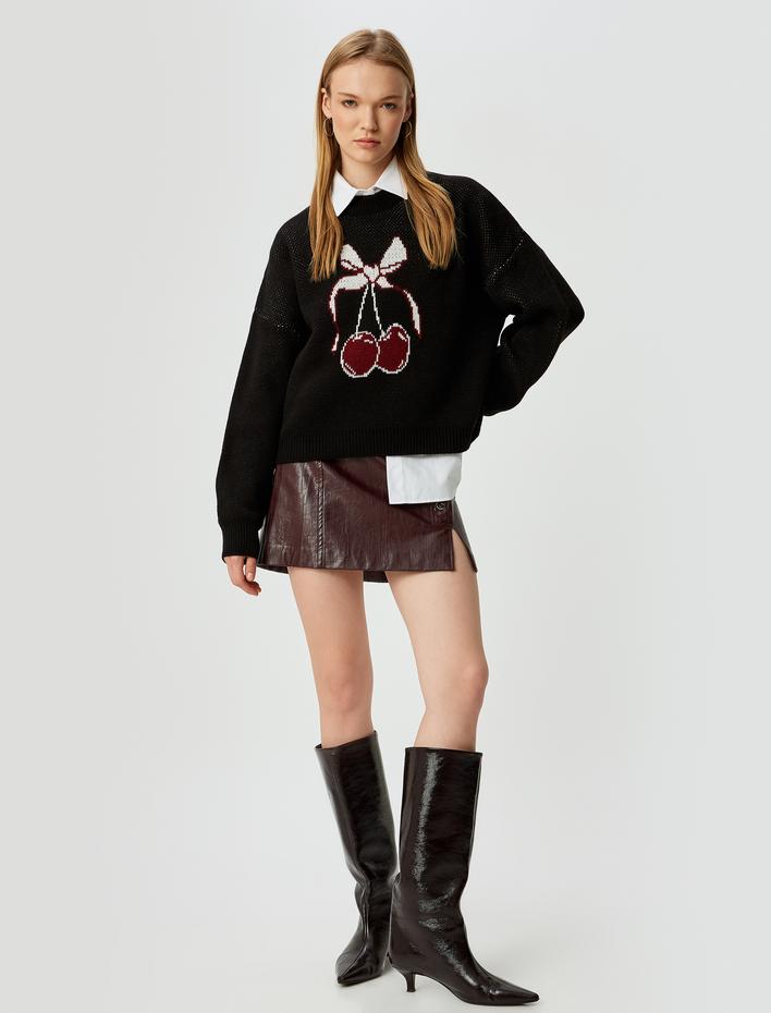  Triko Kazak Kiraz Baskılı Bisiklet Yaka Rahat Kalıp