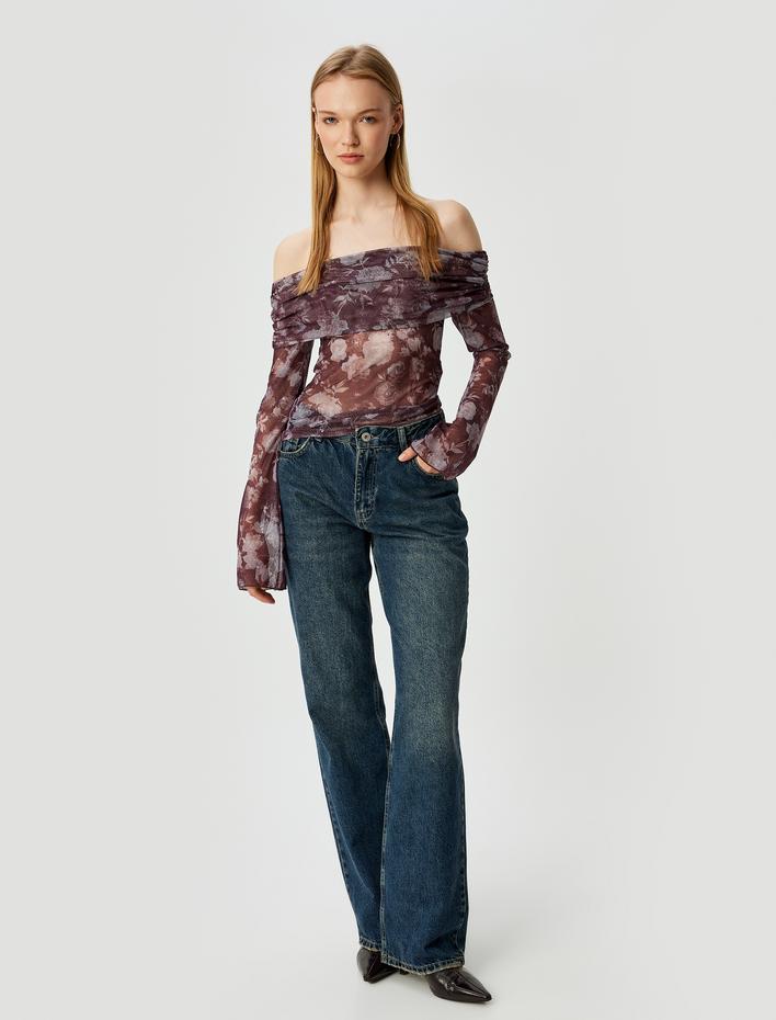  Transparan Bluz Omzu Açık Madonna Yaka Uzun Kollu Çiçek Desenli