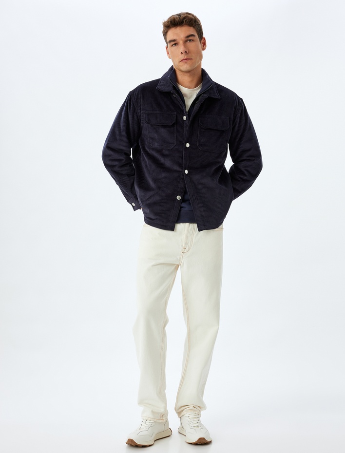  Slim Fit Ceket Fitilli Kadife Gömlek Yaka Kapaklı Cep Detaylı Pamuklu