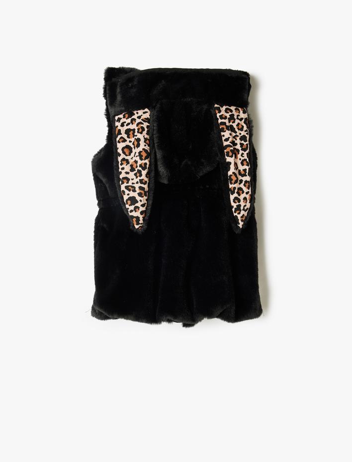 Kız Çocuk Tavşan Kulak Aplikeli Fermuarlı Kapşonlu Peluş Yelek