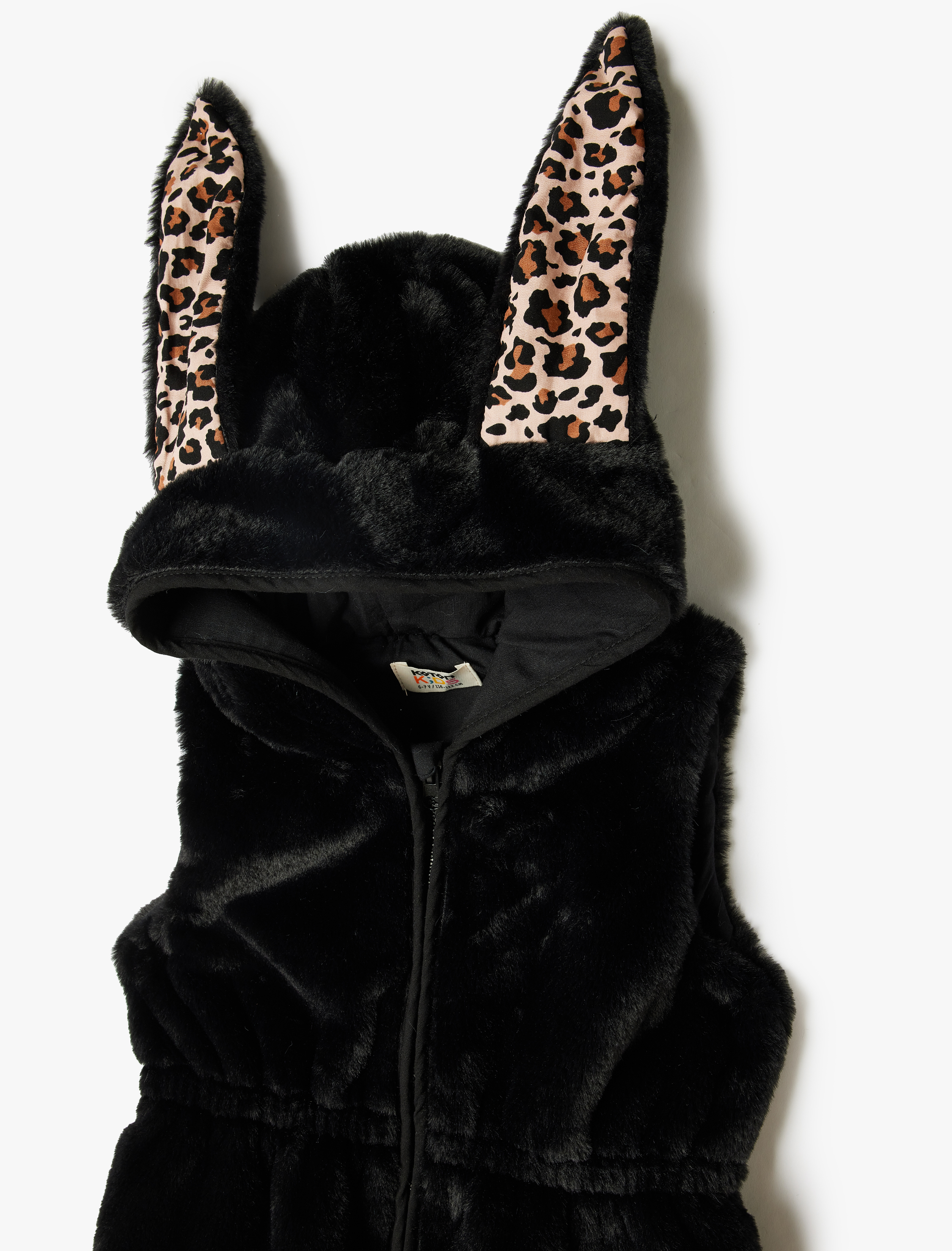  Kız Çocuk Tavşan Kulak Aplikeli Fermuarlı Kapşonlu Peluş Yelek