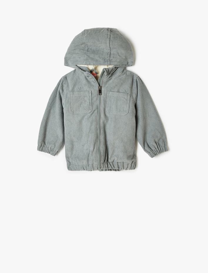 Erkek Bebek Kadife Kapşonlu Ceket Uzun Kollu Cepli Pamuklu