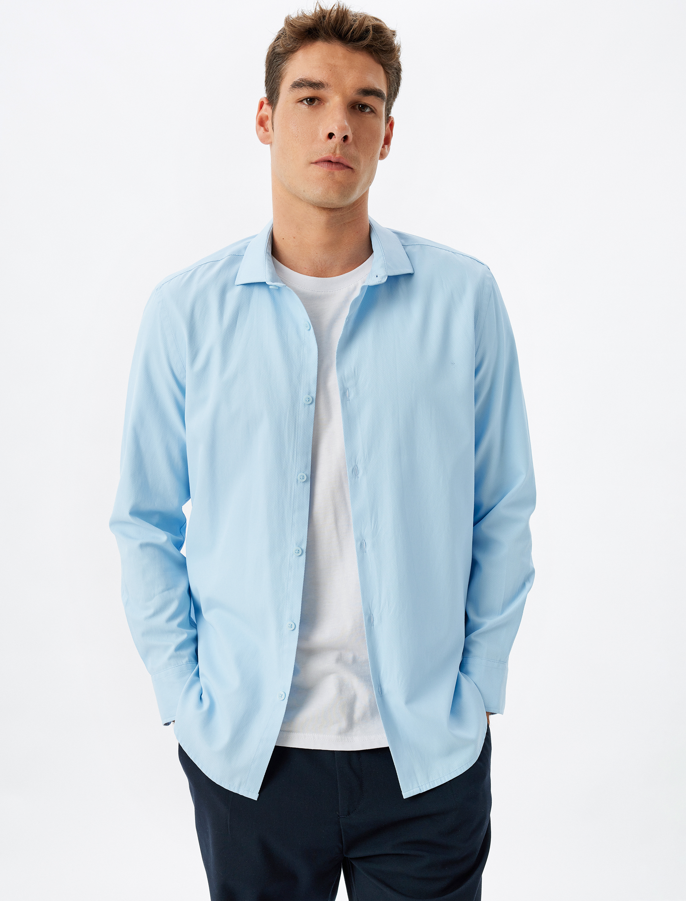   Klasik Gömlek Slim Fit Uzun Kollu Yarım İtalyan Yaka Pamuk Karışımlı