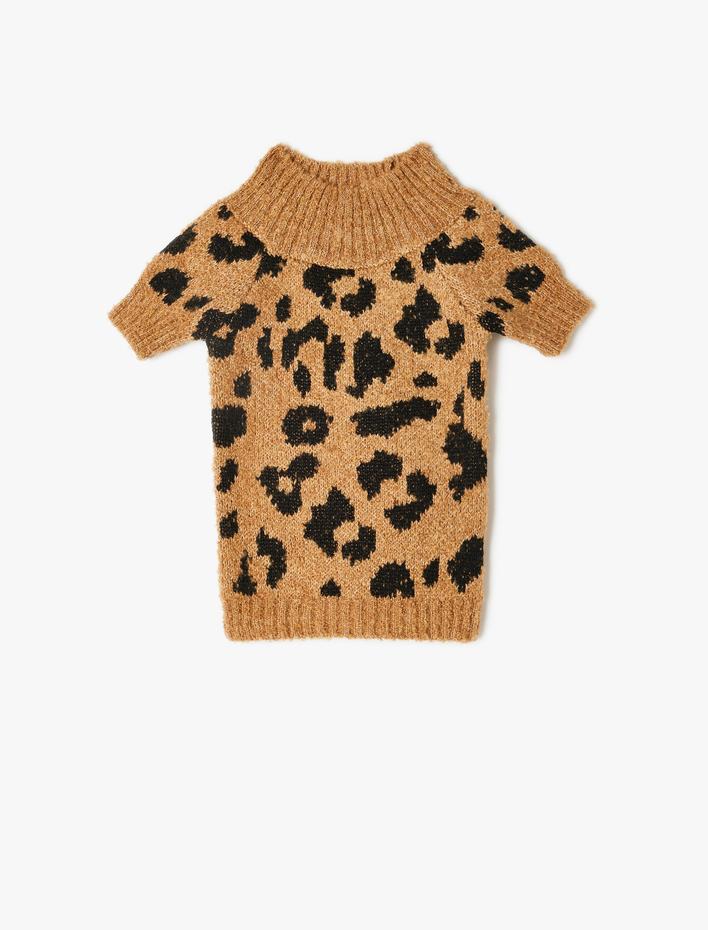  Leopar Desenli Dik Yaka Köpek Kazağı
