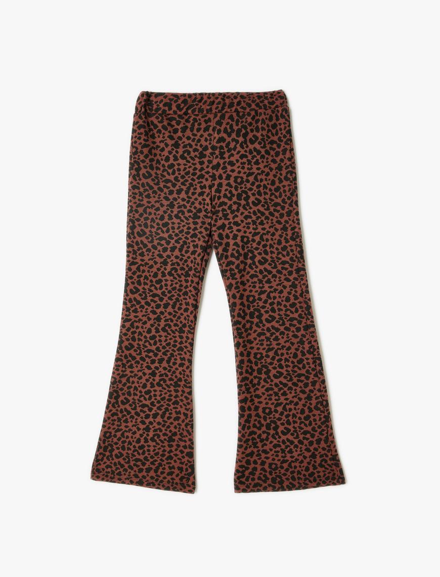  Kız Çocuk İspanyol Paça Pantolon Leopar Desenli Beli Lastikli