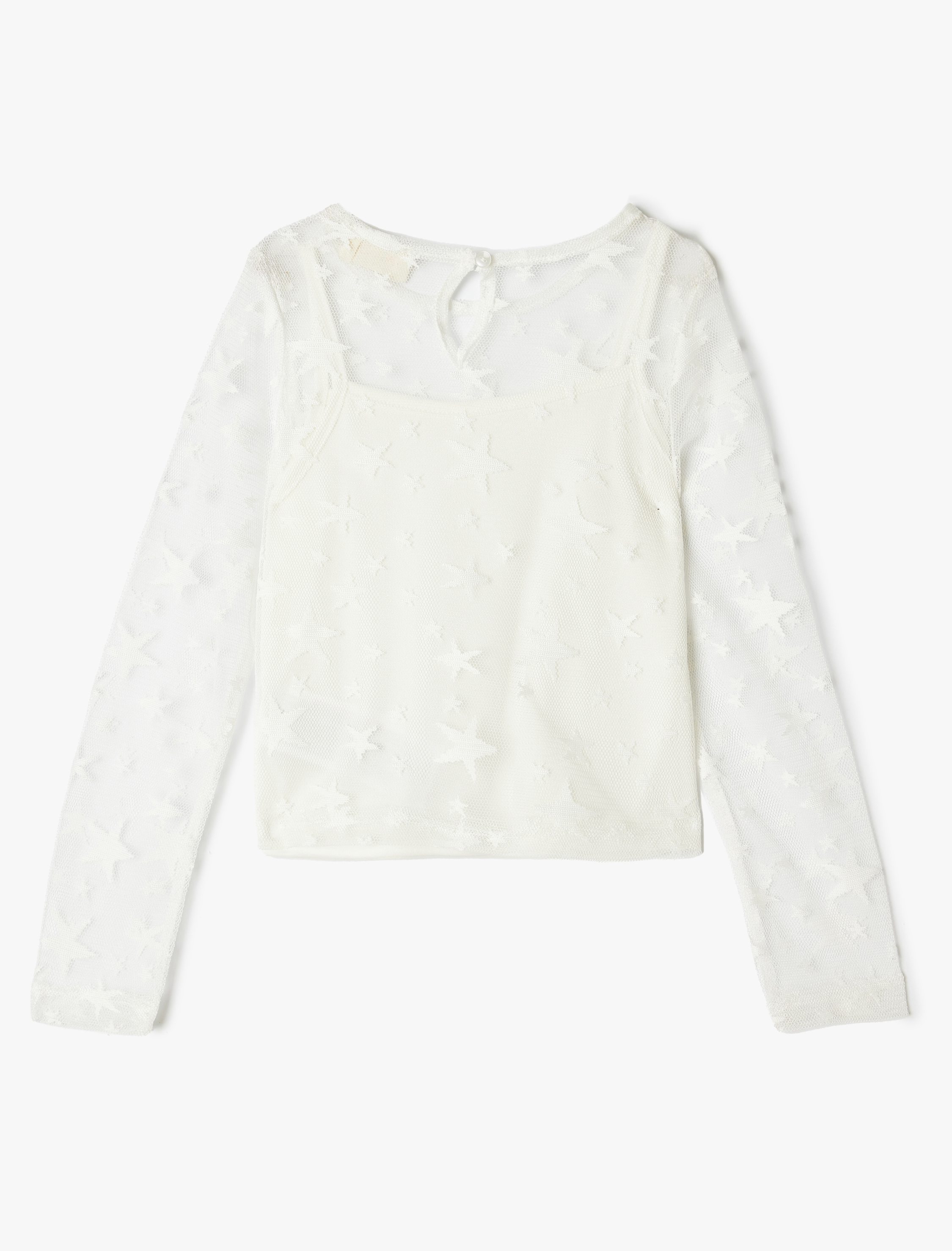  Kız Çocuk Yıldız Desenli Uzun Kollu Astarlı Tül Tişört