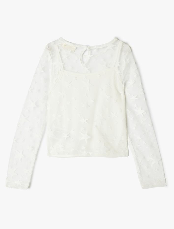 Kız Çocuk Yıldız Desenli Uzun Kollu Astarlı Tül Tişört