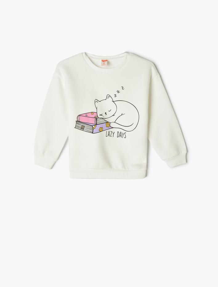 Kız Bebek Sweatshirt Uzun Kollu Kedi Baskılı Bisiklet Yaka Şardonlu