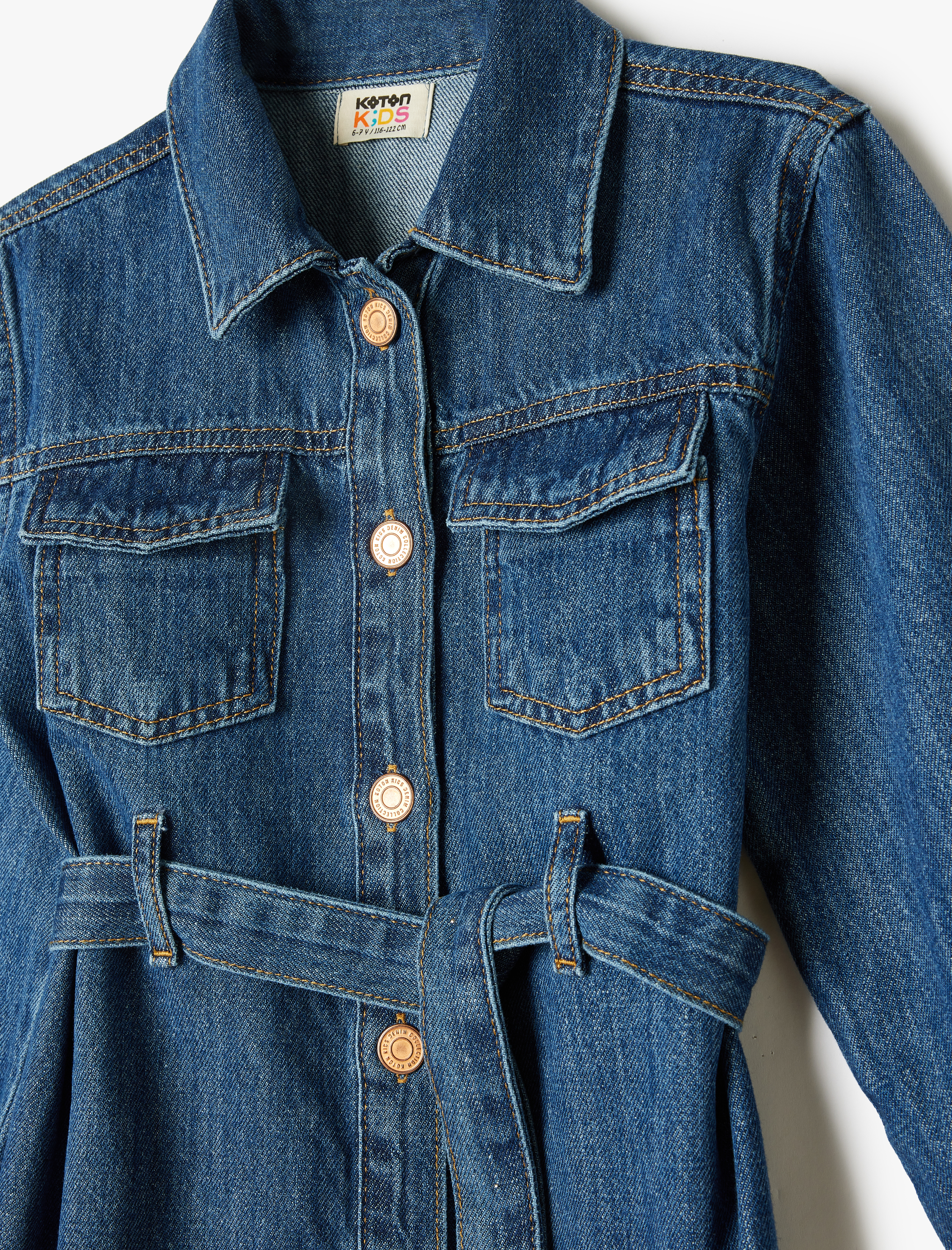 Kız Çocuk Kot Elbise Gömlek Yaka Uzun Kollu Kemer ve Düğme Detaylı Pamuklu