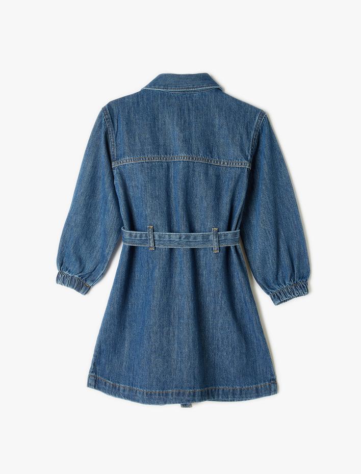 Kız Çocuk Kot Elbise Gömlek Yaka Uzun Kollu Kemer ve Düğme Detaylı Pamuklu