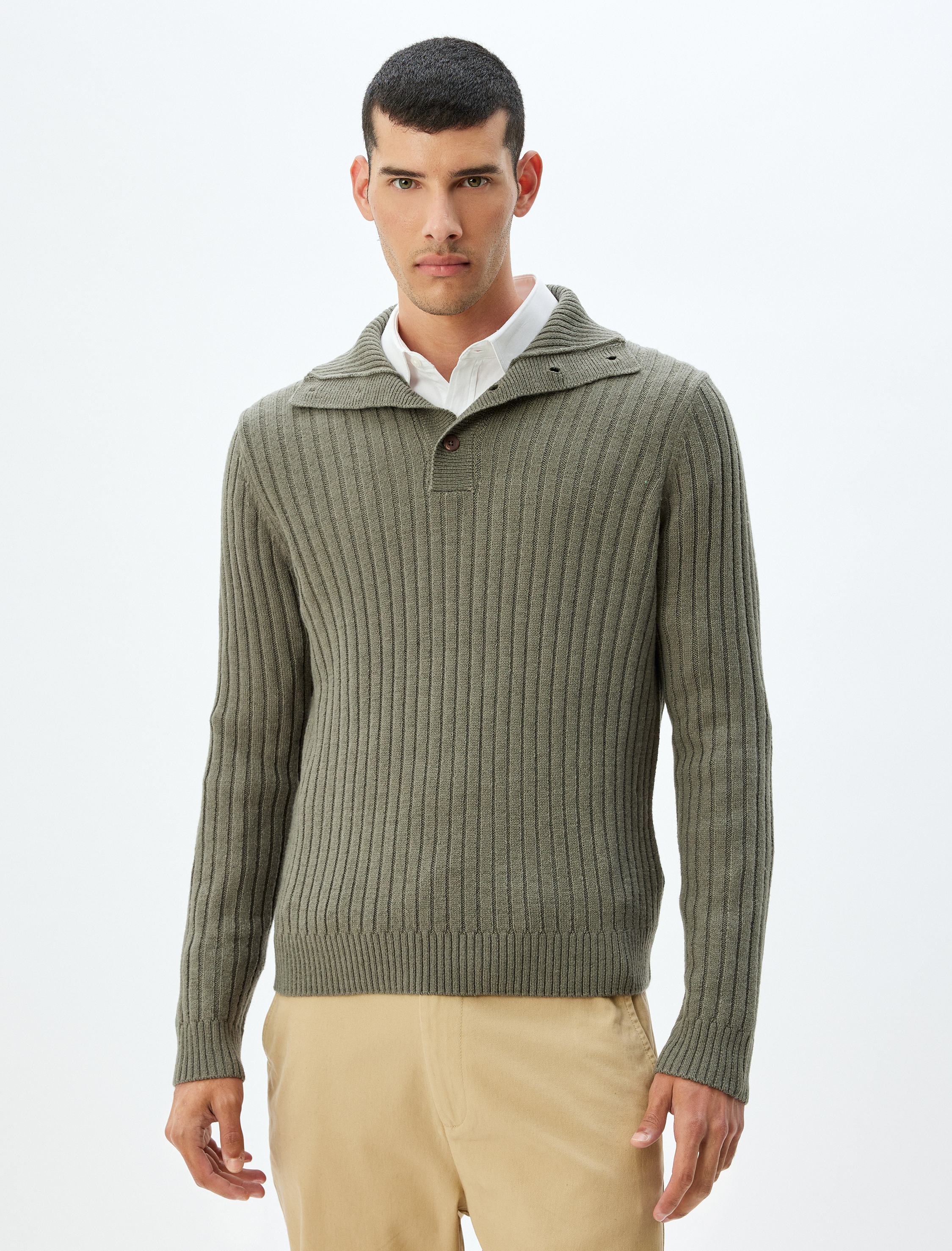   Triko Kazak Basic Düğme Detaylı Yaka Dokulu