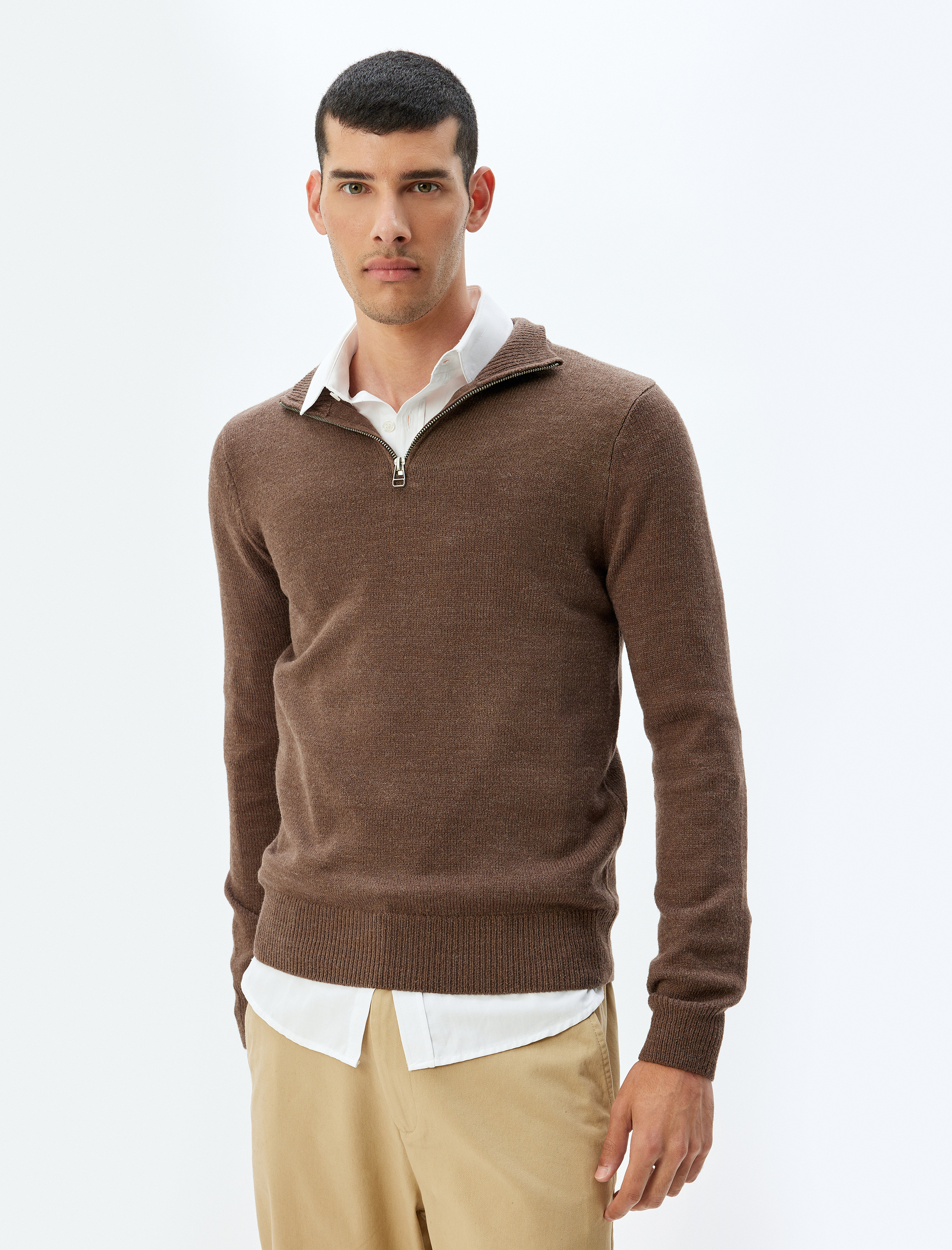   Kışlık Triko Kazak Yarım Fermuarlı Basic Uzun Kollu