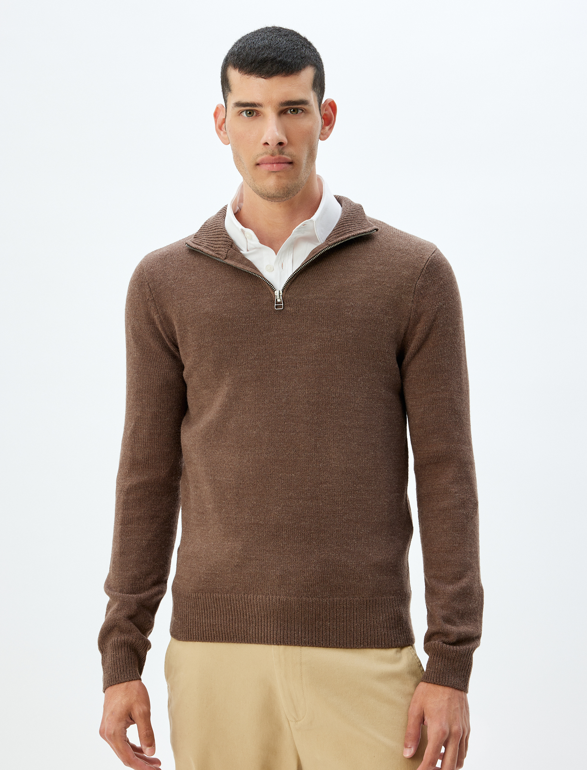   Kışlık Triko Kazak Yarım Fermuarlı Basic Uzun Kollu