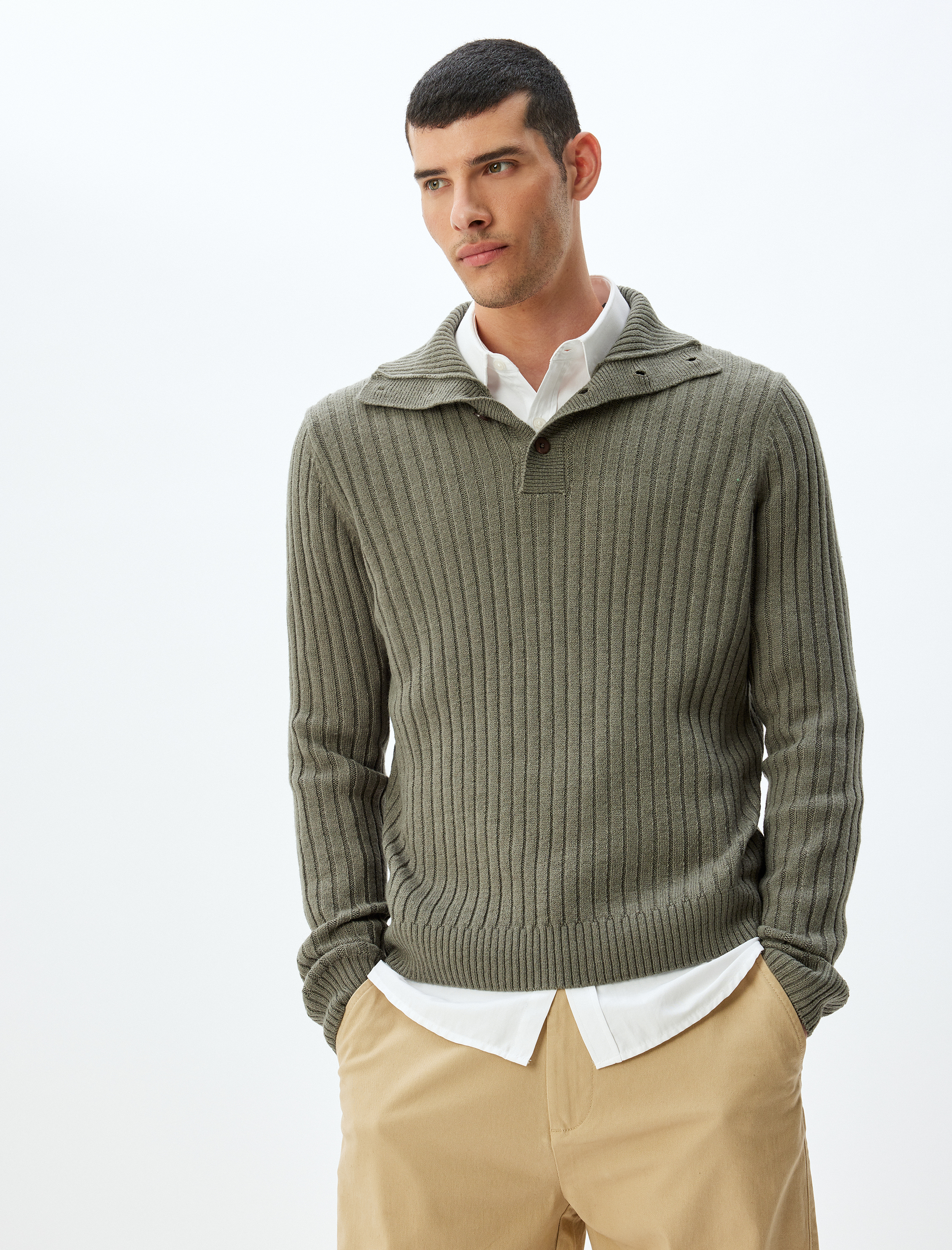   Triko Kazak Basic Düğme Detaylı Yaka Dokulu