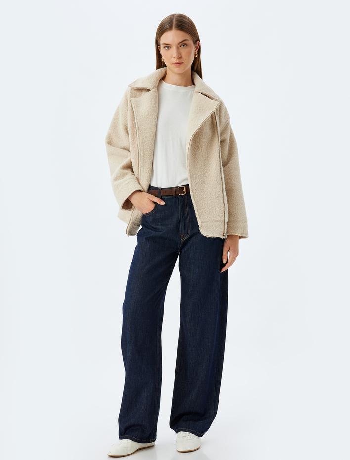  Peluş Kısa Kaban Ceket Yaka Fermuarlı Cepli