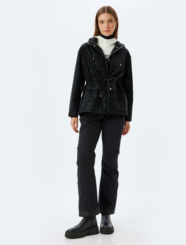  Suni Deri Oversize Yağmurluk Kapüşonlu Beli Bağlamalı Fermuarlı Cepli